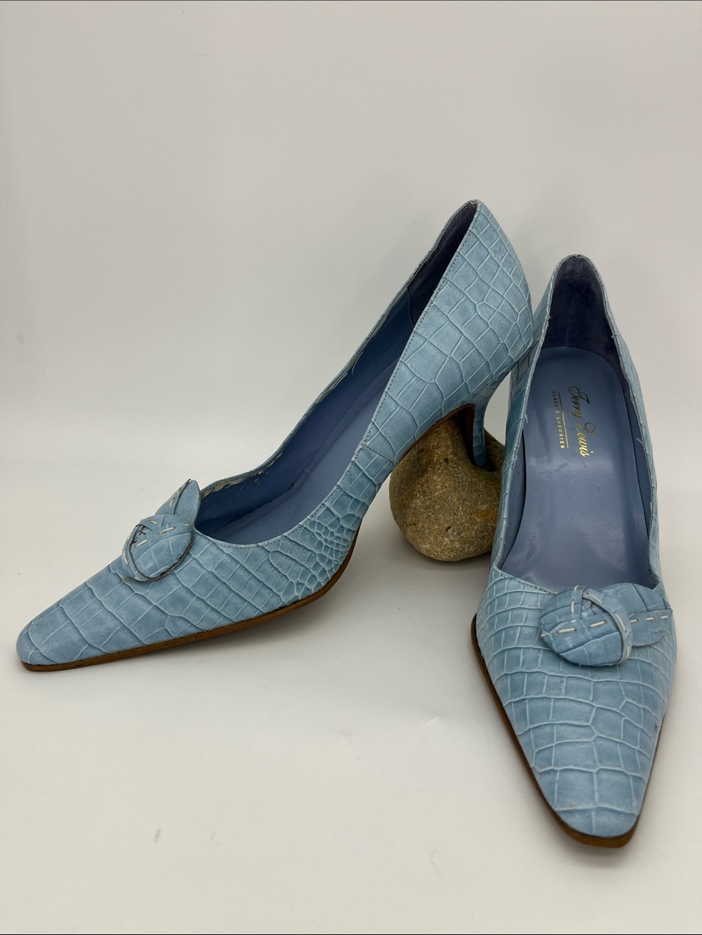Terry Lewis Classic Luxuries Light Blue Croc-Embossed Pointed Toe Pumps